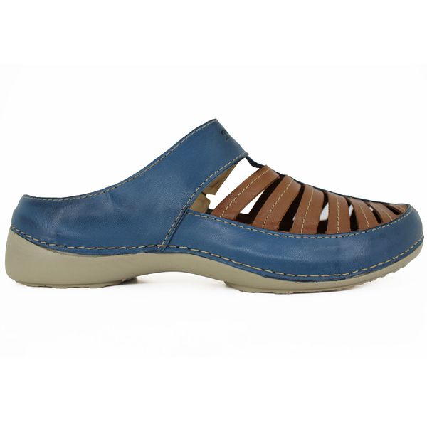 Mule Ortopédico Feminino Couro Legitimo com Palmilha Gel - Azul/Castanho (AL 055)