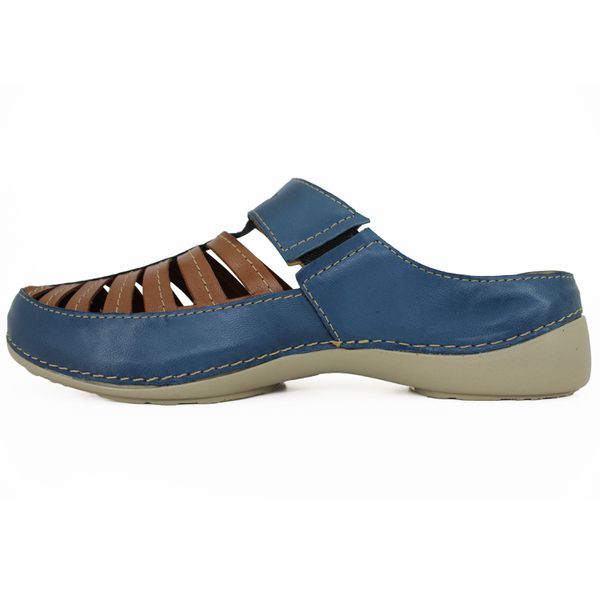 Mule Ortopédico Feminino Couro Legitimo com Palmilha Gel - Azul/Castanho (AL 055)