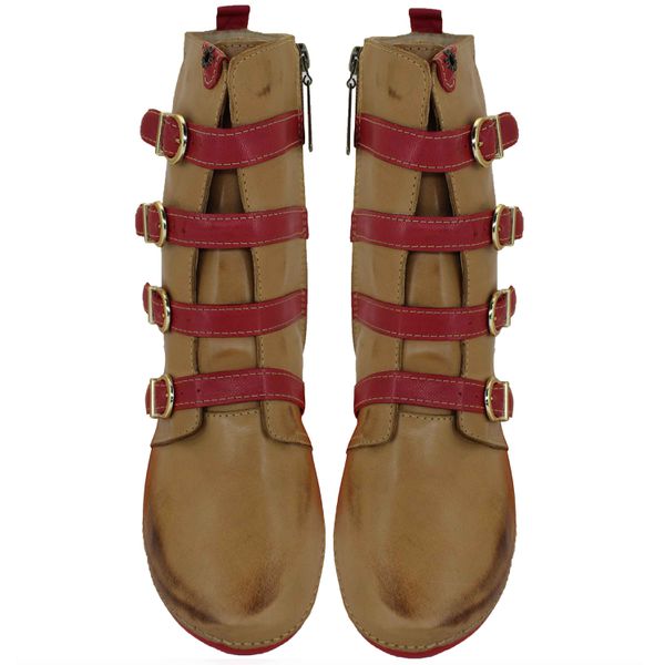 Bota Ortopédica Feminina Couro Legítimo e Palmilha Gel - Caramelo/Vermelho (AL060)