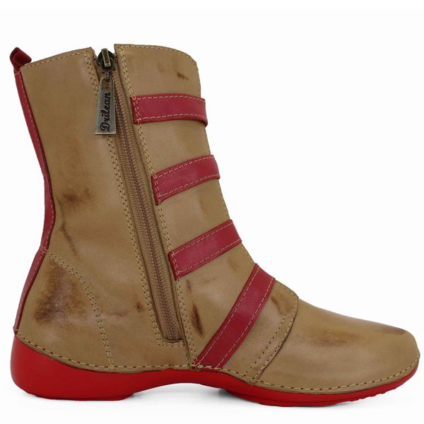 Bota Ortopédica Feminina Couro Legítimo e Palmilha Gel - Caramelo/Vermelho (AL060)