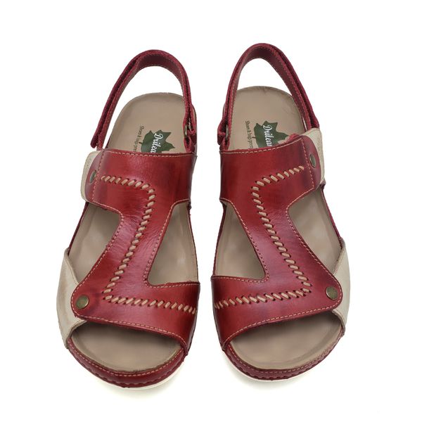 Sandalia Feminina Ortopédica Confortável de Couro Legítimo e Palmilha Gel - Vermelho/Off (BE 002)