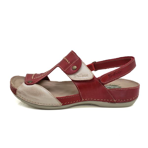 Sandalia Feminina Ortopédica Confortável de Couro Legítimo e Palmilha Gel - Vermelho/Off (BE 002)