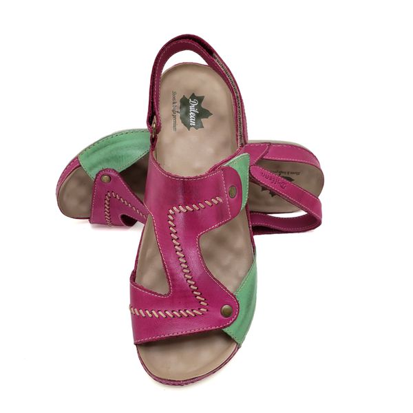 Sandalia Feminina Ortopédica Confortável de Couro Legítimo e Palmilha Gel - Pink/Pistache (BE 002)