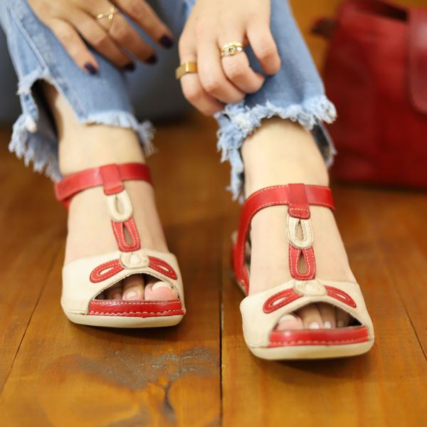 Sandália Feminina de Couro Legítimo e Palmilha Gel - Vermelho/Off (BE 004)