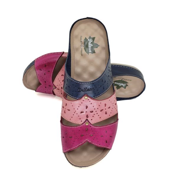 Sandalia Feminina Ortopédica de Couro Legítimo e Palmilha Gel - Azul/Rosê (BE 005)