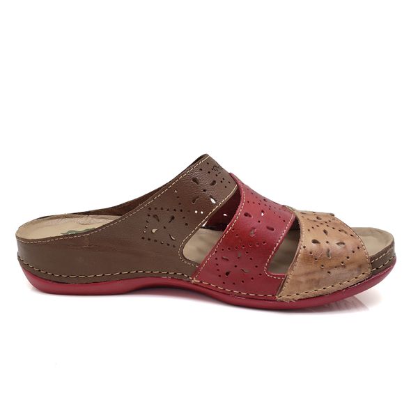 Sandália Anatômica Feminina em Couro Legítimo e Palmilha Gel - Castanho/Vermelho (BE 005)