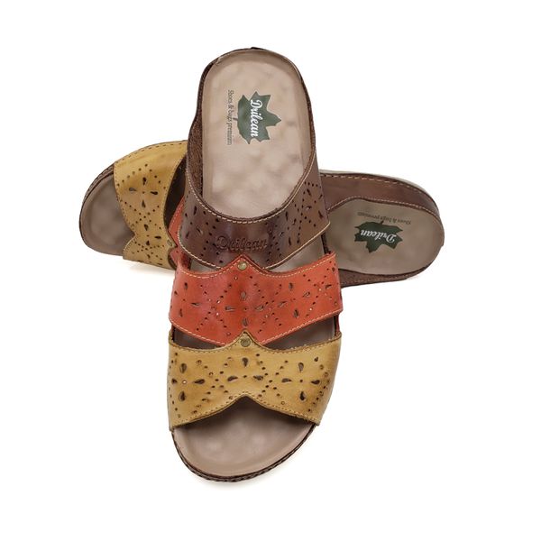 Sandalia Feminina Ortopédica Confortável de Couro Legítimo e Palmilha Gel - Castanho/Coral (BE 005)