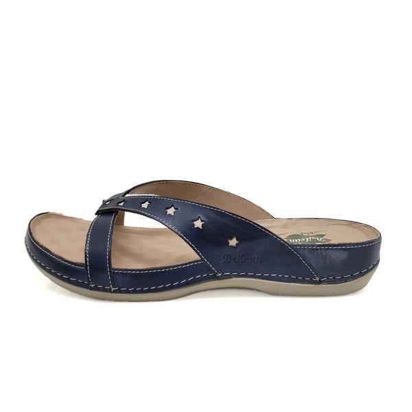 Sandalia Feminina Ortopédica Confortável de Couro Legítimo e Palmilha Gel - Azul/Off (BE 011)