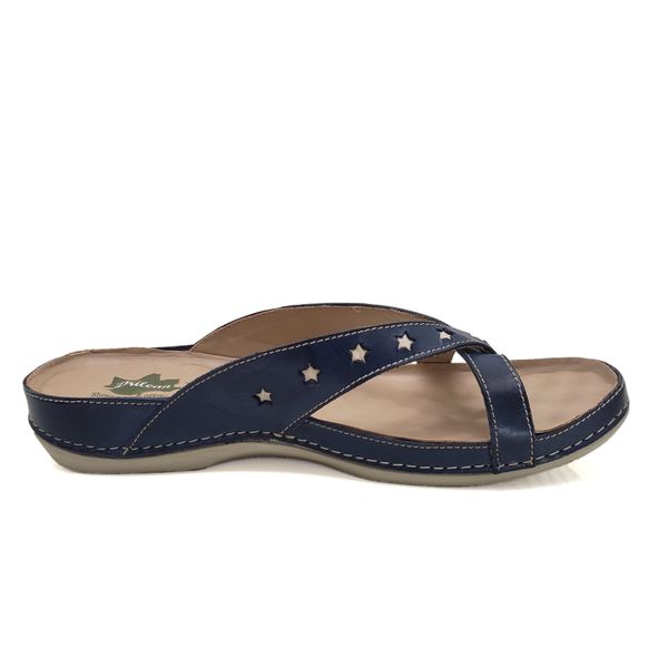 Sandalia Feminina Ortopédica Confortável de Couro Legítimo e Palmilha Gel - Azul/Off (BE 011)