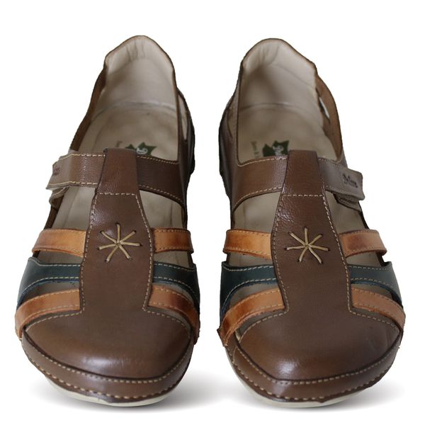 Sandália Feminina Ortopédica de Couro Legítimo e Palmilha Gel - Castanho/Laranja/Verde Sola Off (BE012) 38 OUTLET