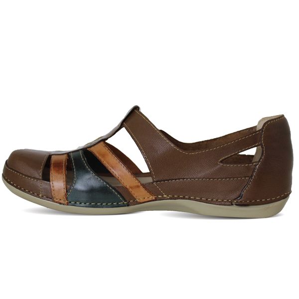 Sandália Feminina Ortopédica de Couro Legítimo e Palmilha Gel - Castanho/Laranja/Verde Sola Off (BE012) 38 OUTLET