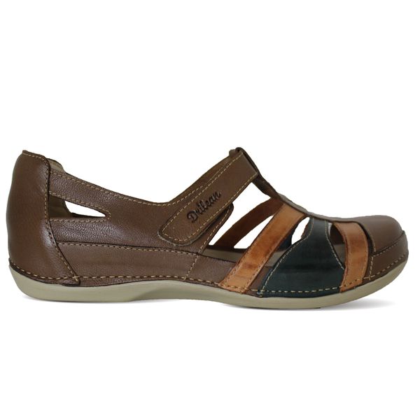Sandália Feminina Ortopédica de Couro Legítimo e Palmilha Gel - Castanho/Laranja/Verde Sola Off (BE012) 38 OUTLET