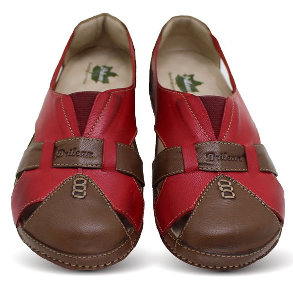 Sandália Feminina Ortopédica de Couro Legítimo e Palmilha Gel - Castanho/Vermelho (BE 015)