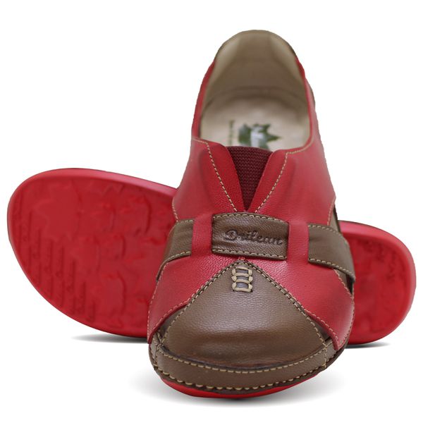 Sandália Feminina Ortopédica de Couro Legítimo e Palmilha Gel - Castanho/Vermelho (BE 015)