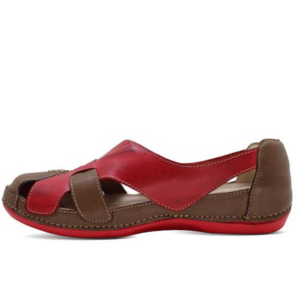 Sandália Feminina Ortopédica de Couro Legítimo e Palmilha Gel - Castanho/Vermelho (BE 015)