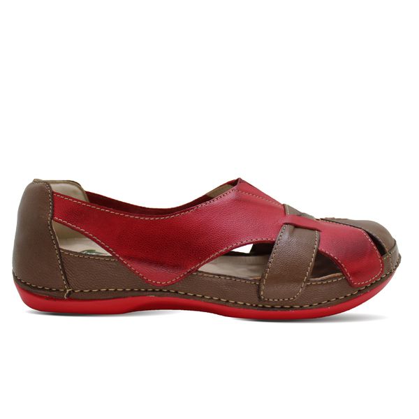 Sandália Feminina Ortopédica de Couro Legítimo e Palmilha Gel - Castanho/Vermelho (BE 015)