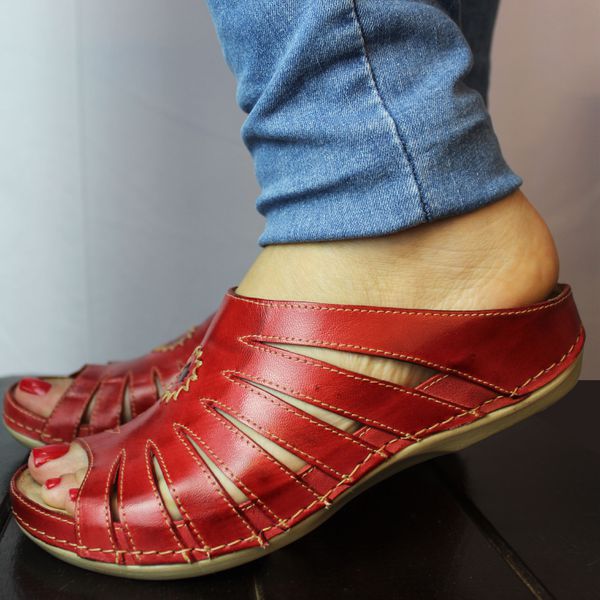 Sandália Feminina de Couro Legítimo e Palmilha em Gel - Vermelho - 35 (BE018) OUTLET