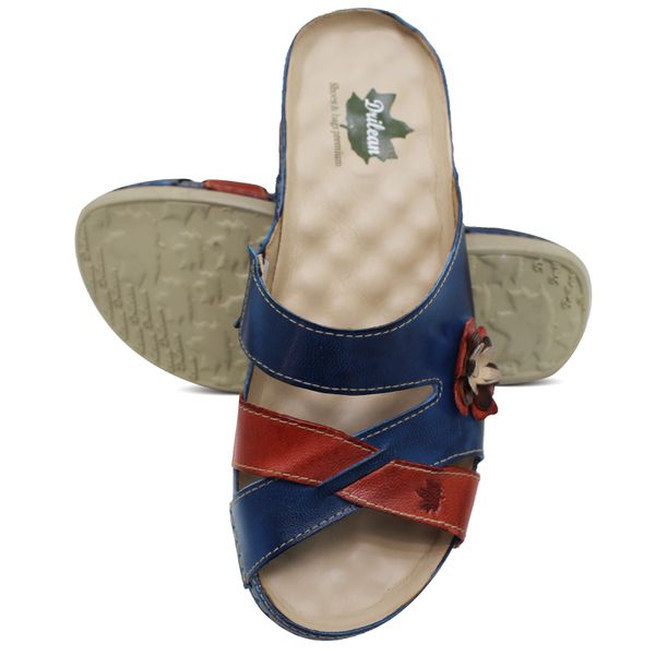 Sandália Feminina de Couro Legítimo e Palmilha Gel - Azul - Coral (BE019)