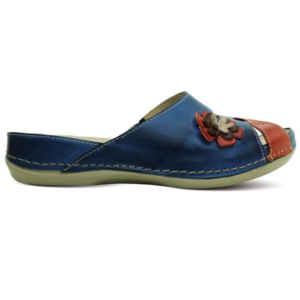 Sandália Feminina de Couro Legítimo e Palmilha Gel - Azul - Coral (BE019)
