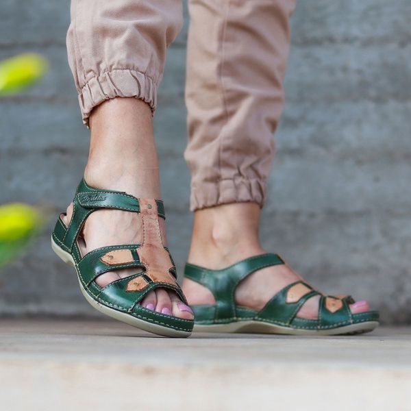 Sandália Feminina de Couro Legítimo e Palmilha Gel - Verde/Caramelo (BE 021)