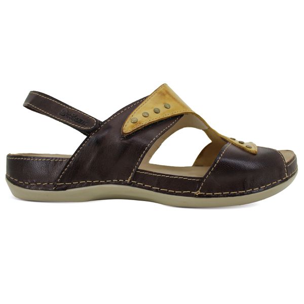Sandália Feminina de Couro Legítimo e Palmilha Gel - Café/Amarelo (BE 022)
