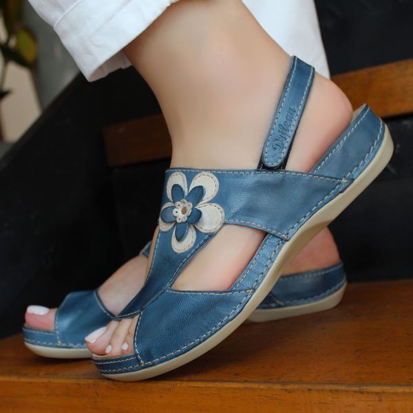 Sandália Feminina de Couro Legítimo e Palmilha Gel - Azul/Off (BE 023)