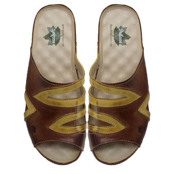 Sandália Feminina de Couro Legítimo e Palmilha Gel - Castanho/Amarelo (BE 024)