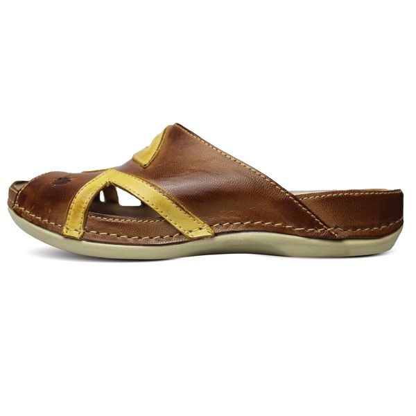 Sandália Feminina de Couro Legítimo e Palmilha Gel - Castanho/Amarelo (BE 024)
