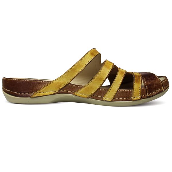 Sandália Feminina de Couro Legítimo e Palmilha Gel - Castanho/Amarelo (BE 024)