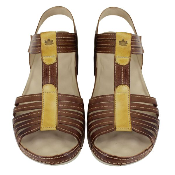 Sandália Feminina Anatomica de Couro Legítimo e Palmilha Gel - Castanho/Amarelo (BE 025)