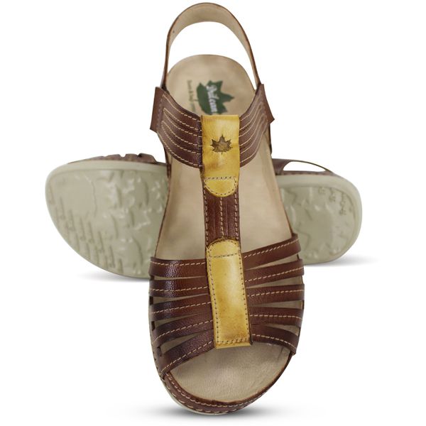 Sandália Feminina Anatomica de Couro Legítimo e Palmilha Gel - Castanho/Amarelo (BE 025)