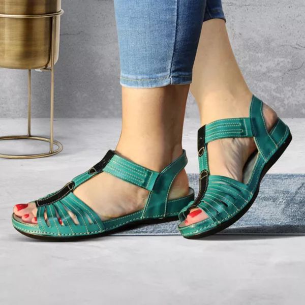 Sandália Feminina de Couro Legítimo e Palmilha em Gel - Oceano/Preto (BE 025)