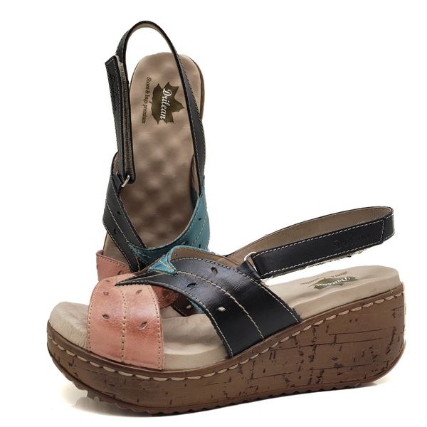 Sandália Anabela Feminina de Couro Legítimo Confort - Preto - 37 (NI016) OUTLET