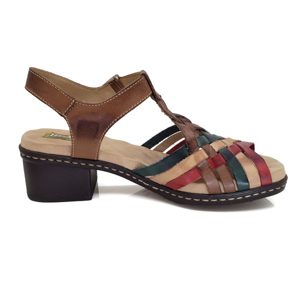 Sandália de Salto Bloco em Couro Legítimo com Palmilha Gel - Castanho/Verde - 39 (BR015) OUTLET