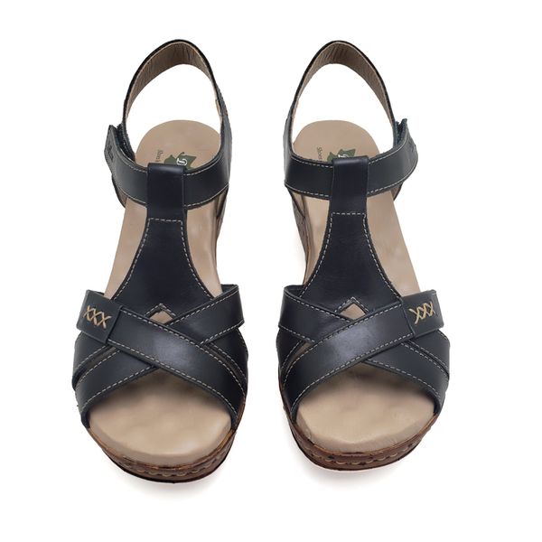 Sandália Anabela Feminina de Couro Legítimo com Palmilha Gel - Preto - 35 (NI035) OUTLET