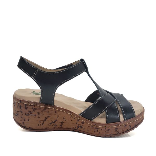 Sandália Anabela Feminina de Couro Legítimo com Palmilha Gel - Preto - 35 (NI035) OUTLET