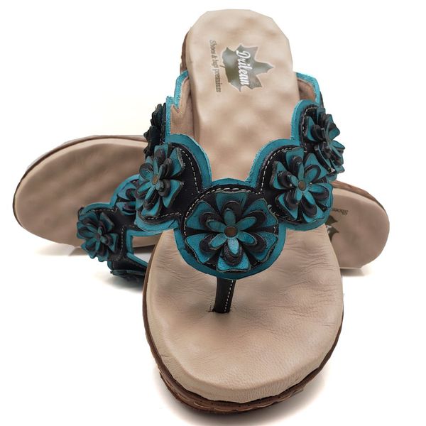 Sandália Anabela Feminina de Couro Legítimo com Palmilha Gel - Piscina - 35 (NI025) OUTLET