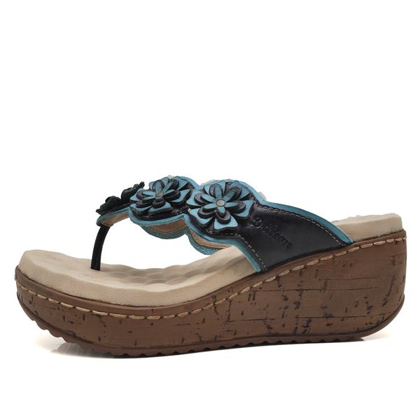 Sandália Anabela Feminina de Couro Legítimo com Palmilha Gel - Piscina - 35 (NI025) OUTLET