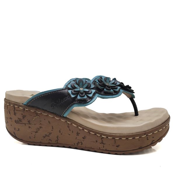 Sandália Anabela Feminina de Couro Legítimo com Palmilha Gel - Piscina - 35 (NI025) OUTLET
