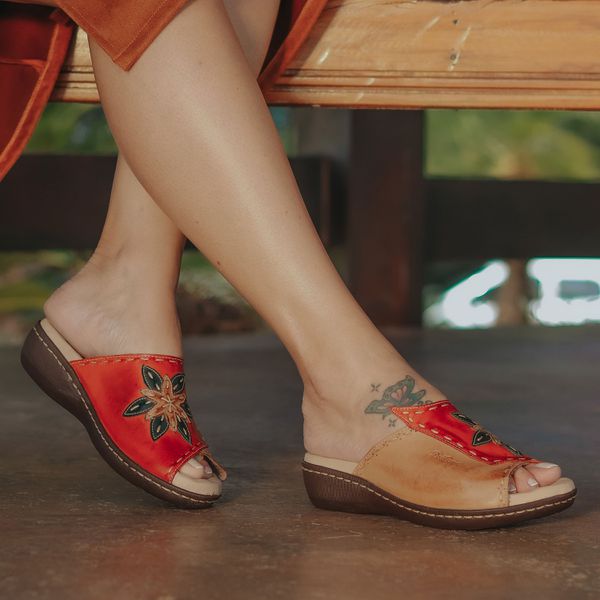 Sandália Feminina Anatômica de Couro Legítimo e Palmilha Gel - Laranja - 35 (MA034) OUTLET