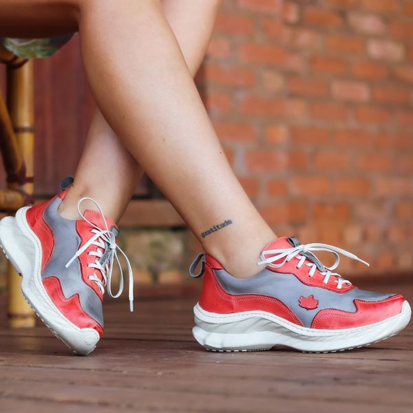 Tênis Feminino em Couro Legítimo com Palmilha em Gel - Grafite - Coral - Sola Off (CAF002)