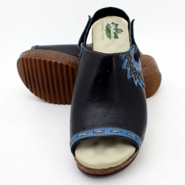 Sandália Anabela Feminina de Couro Legítimo com Palmilha Gel - Preto/Azul (NI 023)
