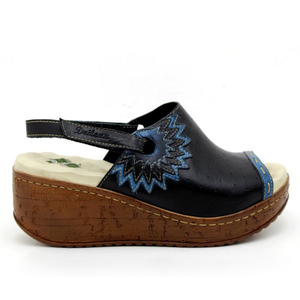 Sandália Anabela Feminina de Couro Legítimo com Palmilha Gel - Preto/Azul (NI 023)
