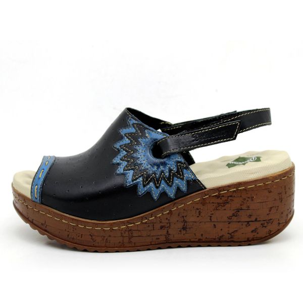 Sandália Anabela Feminina de Couro Legítimo com Palmilha Gel - Preto/Azul (NI 023)