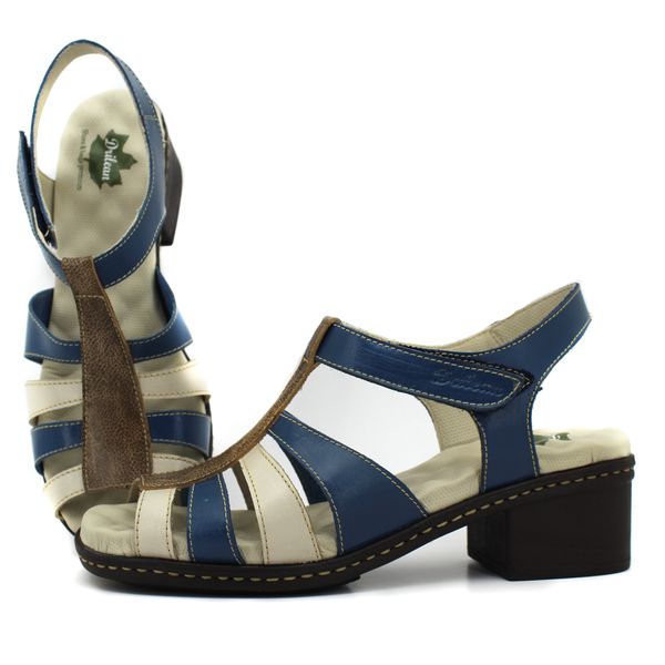 Sandália Feminina de Salto em Couro Legítimo e Palmilha em Gel - Azul/Off/Fendi (BR 052)