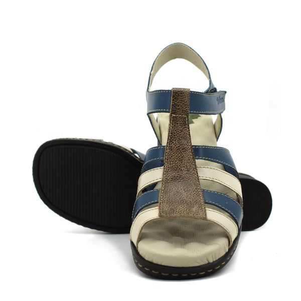 Sandália Feminina de Salto em Couro Legítimo e Palmilha em Gel - Azul/Off/Fendi (BR 052)