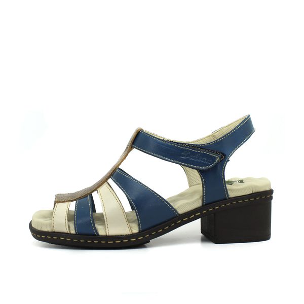Sandália Feminina de Salto em Couro Legítimo e Palmilha em Gel - Azul/Off/Fendi (BR 052)