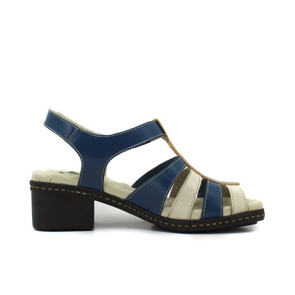Sandália Feminina de Salto em Couro Legítimo e Palmilha em Gel - Azul/Off/Fendi (BR 052)
