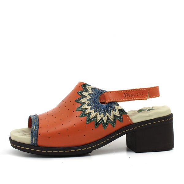Sandália de Salto Feminina em Couro Legítimo com Palmilha Gel - Coral/Azul (BR 023)