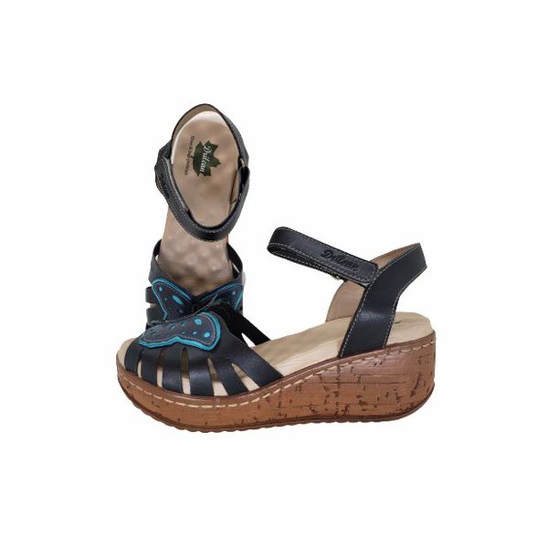 Sandália Anabela Feminina de Couro Legítimo com Palmilha Gel - Preto (NI 048) 36 OUTLET